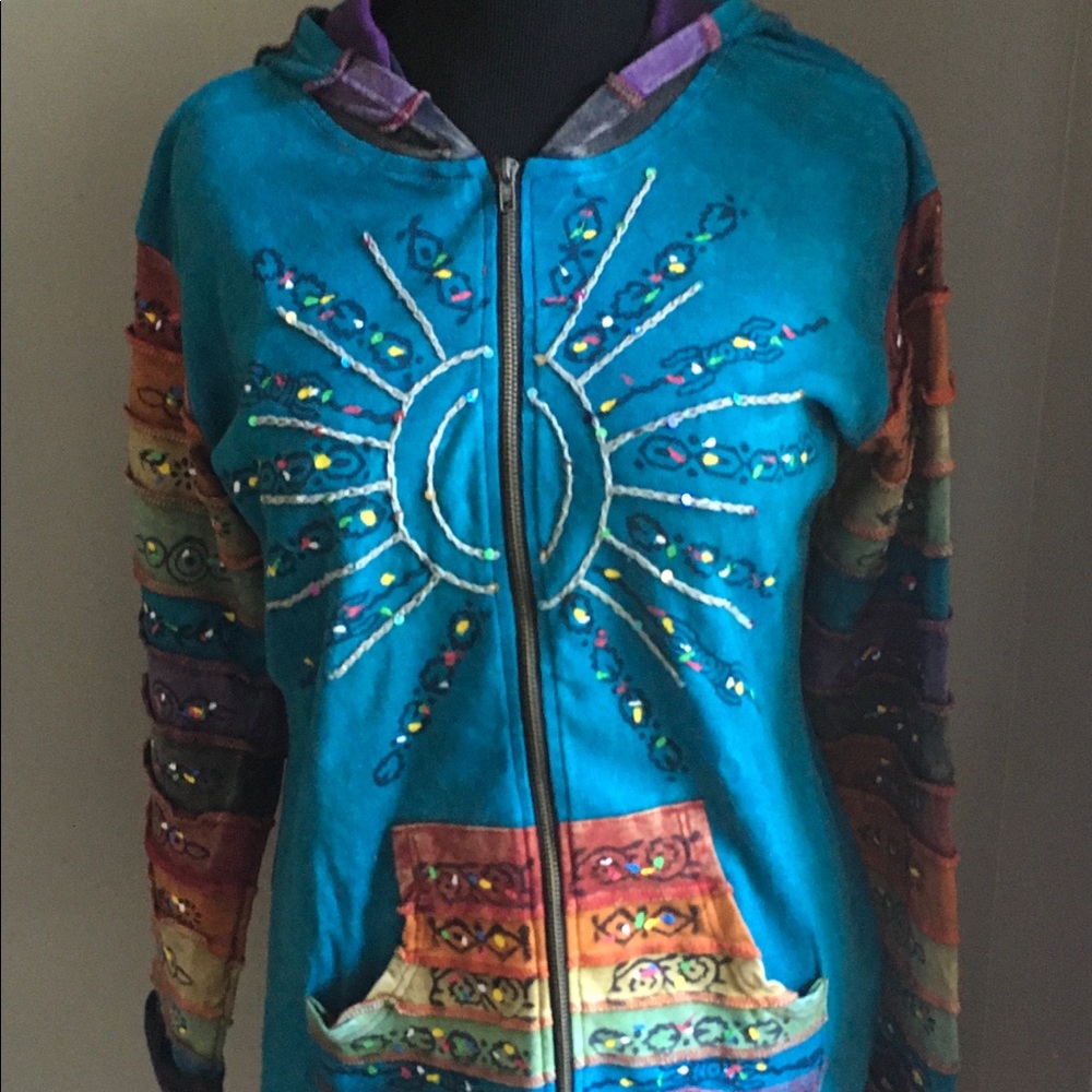 Folk Art Boho Zippered Hoodie, NWT, XL